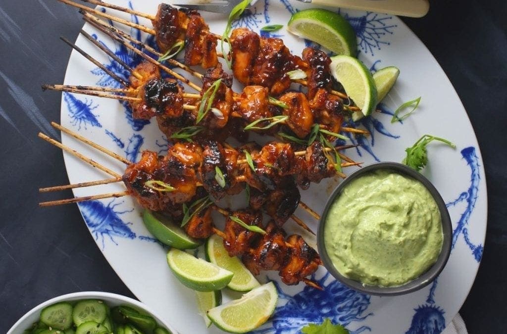 Spicy Asian Chicken Skewers with Creamy Avocado-Cilantro Sauce