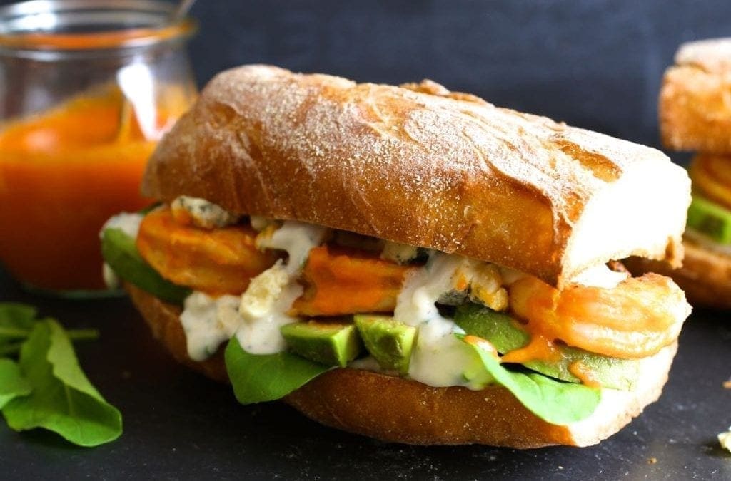 Grilled Buffalo Shrimp and Avocado Sandwiches with Blue Cheese Sauce