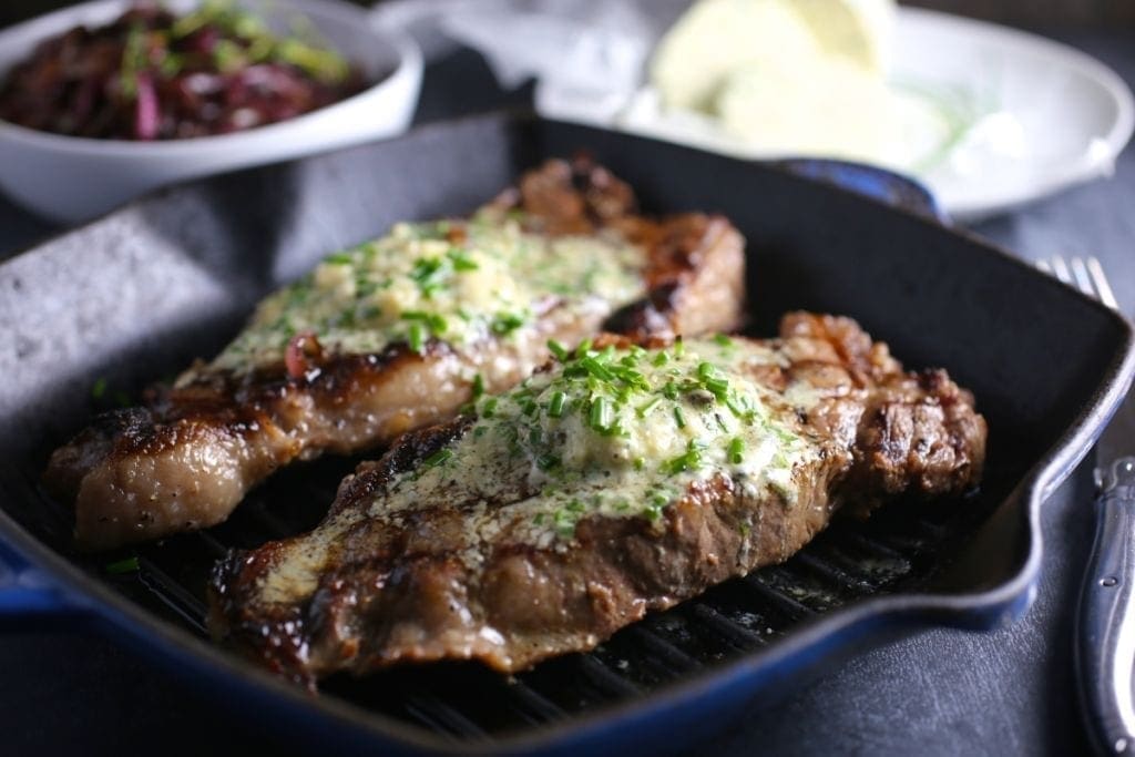 Grilled Steak With Blue Cheese And Chive Compound Butter 