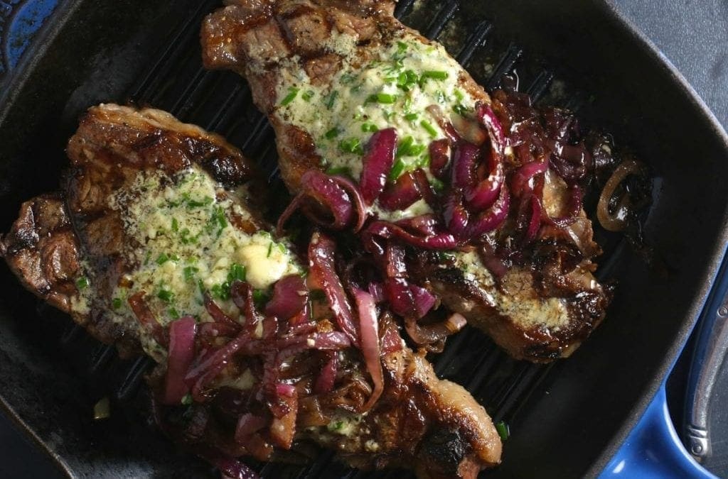 Grilled Steak with Blue Cheese and Chive Compound Butter