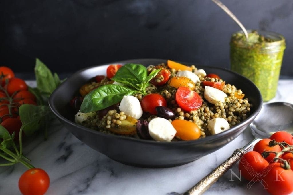 Pesto Couscous Salad with Mozzarella and Tomatoes