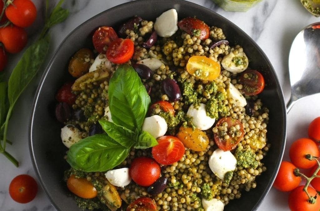 Pesto Couscous Salad with Mozzarella and Tomatoes