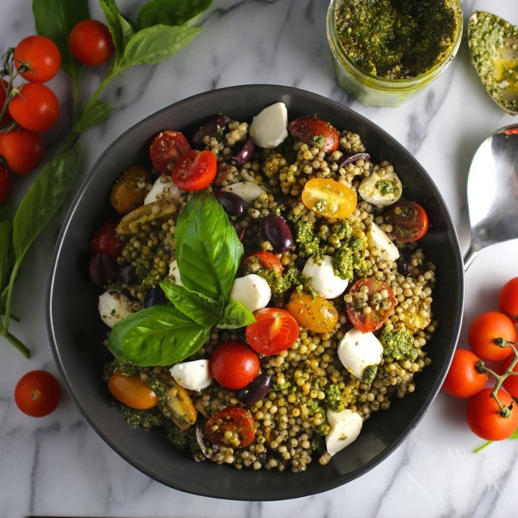 Pesto Couscous Salad with Mozzarella and Tomatoes - Nerds with Knives