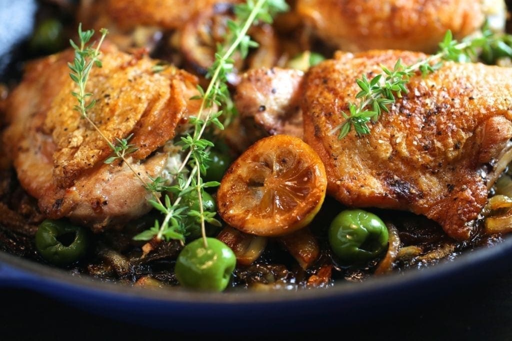 Braised Chicken Thighs with Lemon, Garlic and Olives