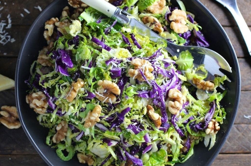 Shredded Brussels Sprout and Red Cabbage Salad with Walnuts and Pecorino