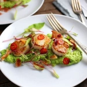 Seared Scallops with Jalapeno-Lime Butter, Pea Purée and Crispy Pancetta