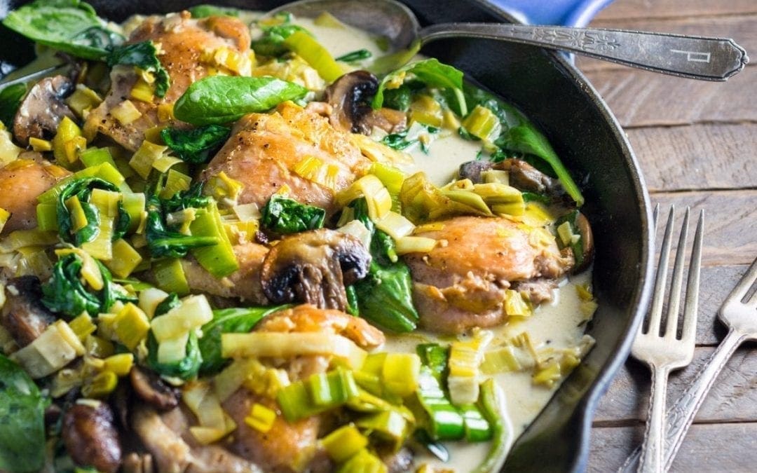 Chicken, Leeks and Spinach in a Creamy Wine Sauce