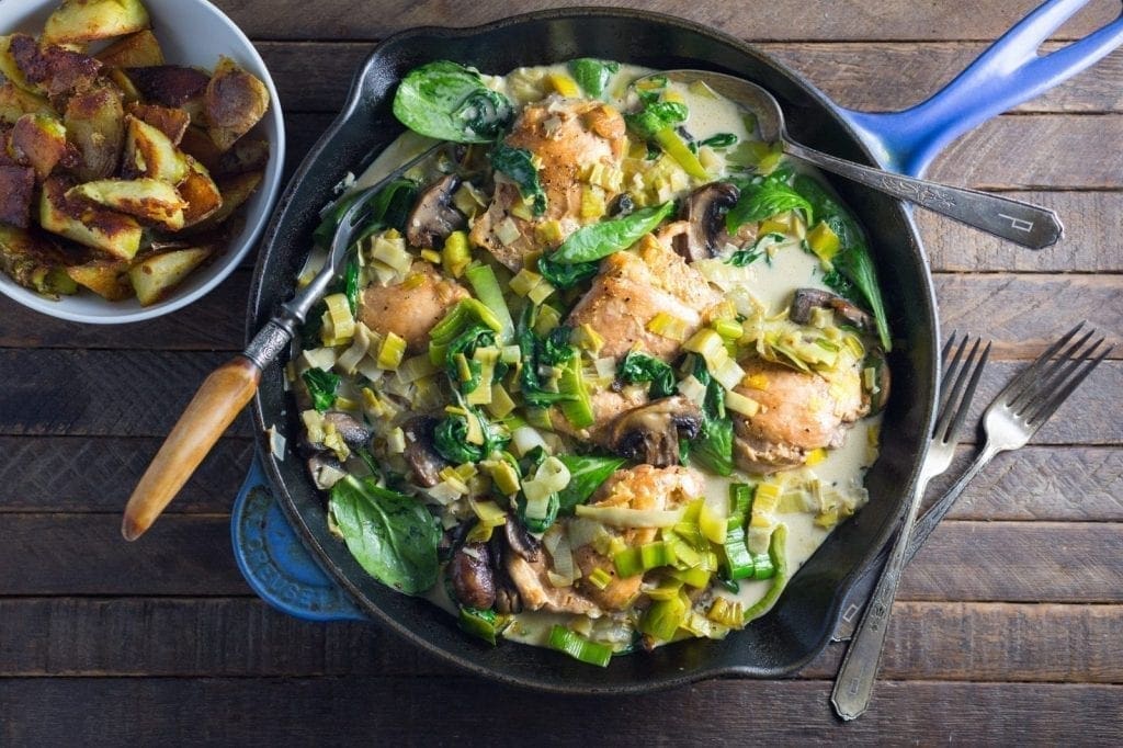 Chicken, Leeks and Spinach in a Creamy Wine Sauce