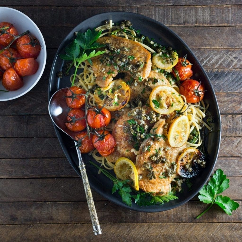 Chicken Piccata with Fried Capers & Roasted Tomatoes and Lemons