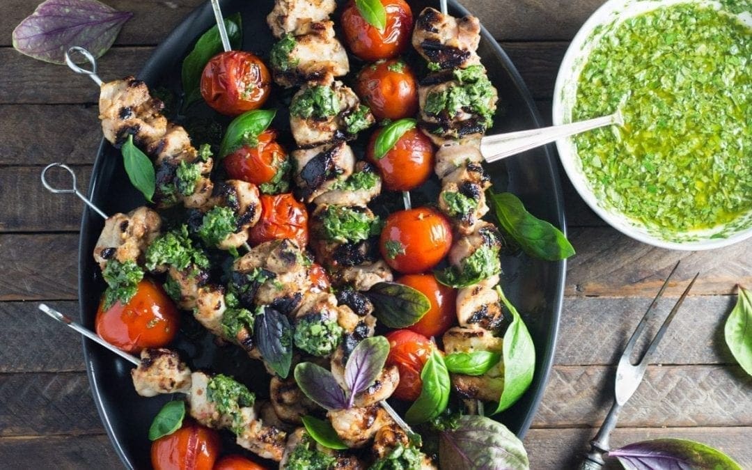 Lemon-Garlic Chicken and Tomato Skewers with Basil Chimichurri