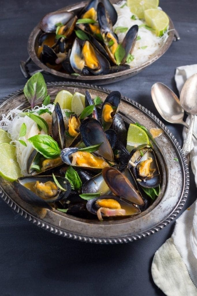 One-Pot Thai Curry Mussels with Rice Noodles