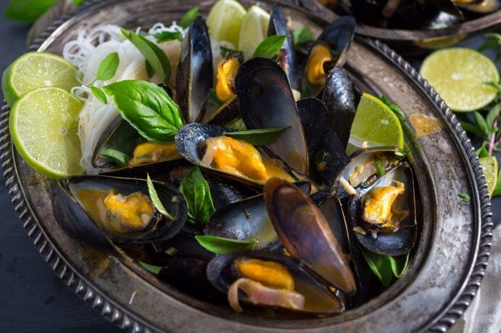 One-Pot Thai Curry Mussels with Rice Noodles
