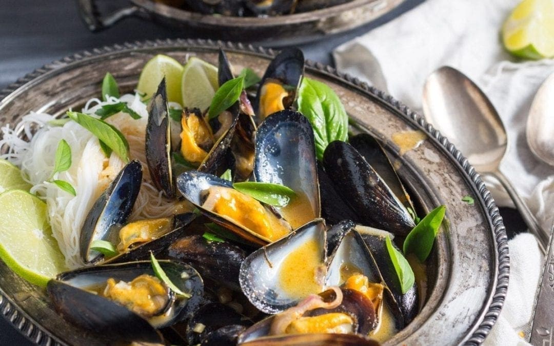 One-Pot Thai Curry Mussels with Rice Noodles