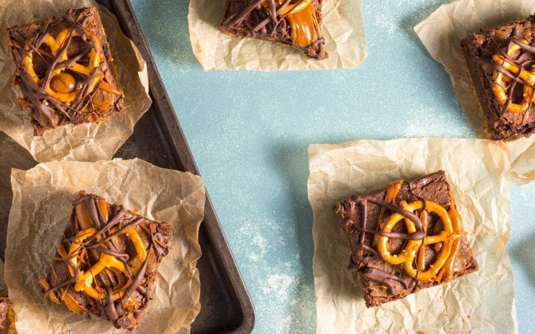 Ultra-Chocolatey Brownies with a Pretzel Crust and Salted Caramel Drizzle