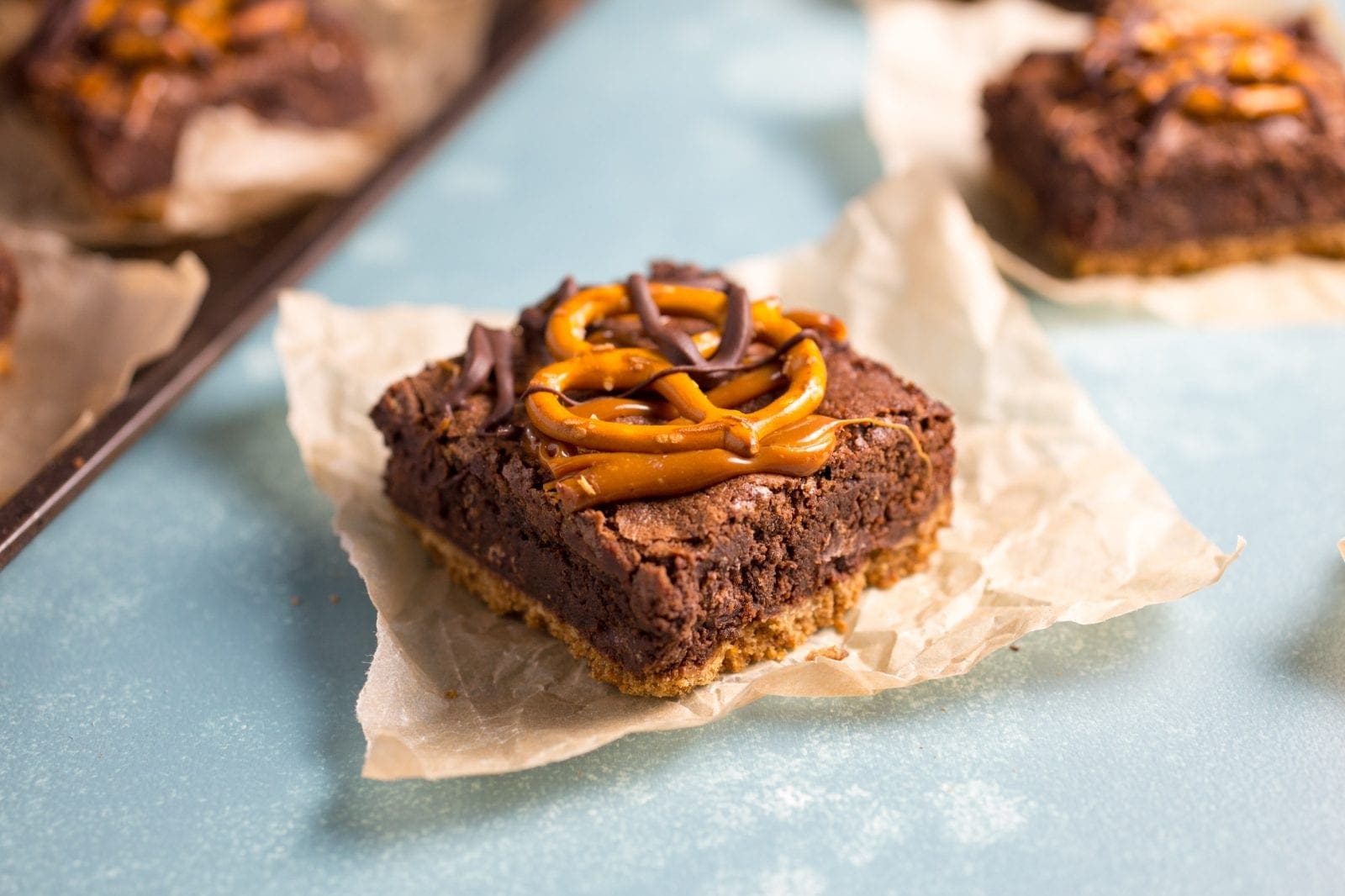 Salted Caramel Brownies with Pretzel Crust