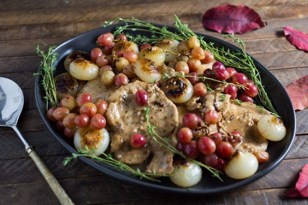 Smothered Pork Chops with Cipollini Onions and Grapes