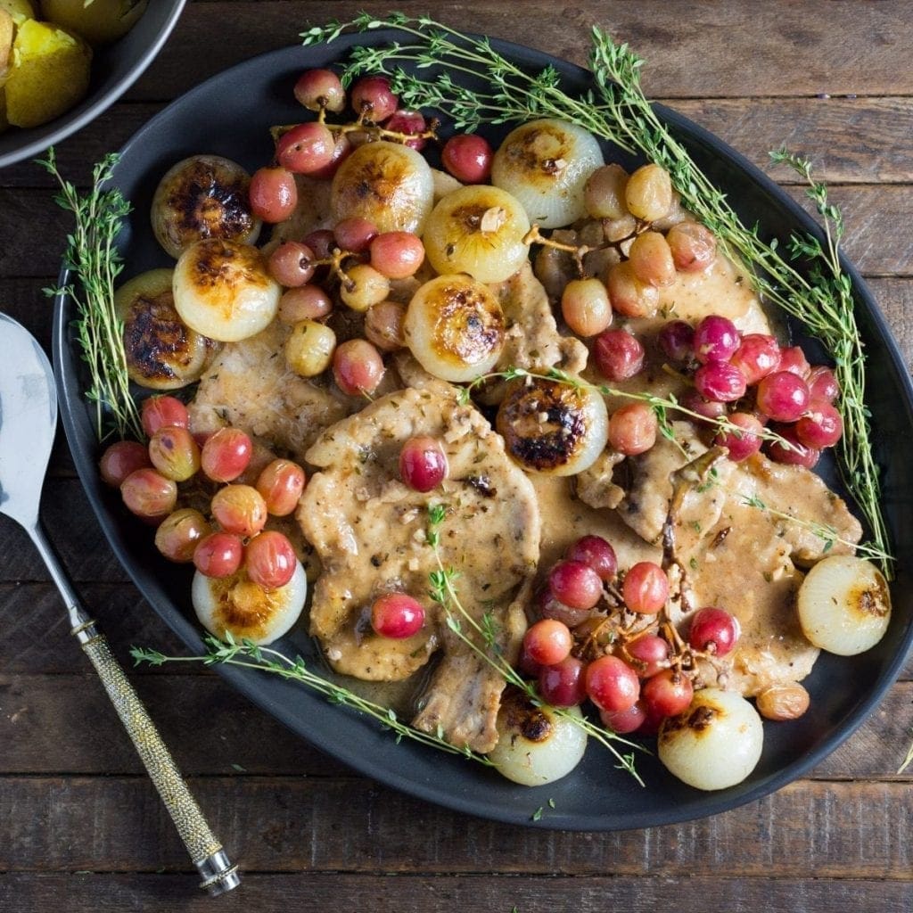 Smothered Pork Chops with Cipollini Onions and Grapes