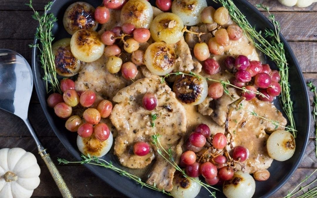 Smothered Pork Chops with Cipollini Onions and Grapes