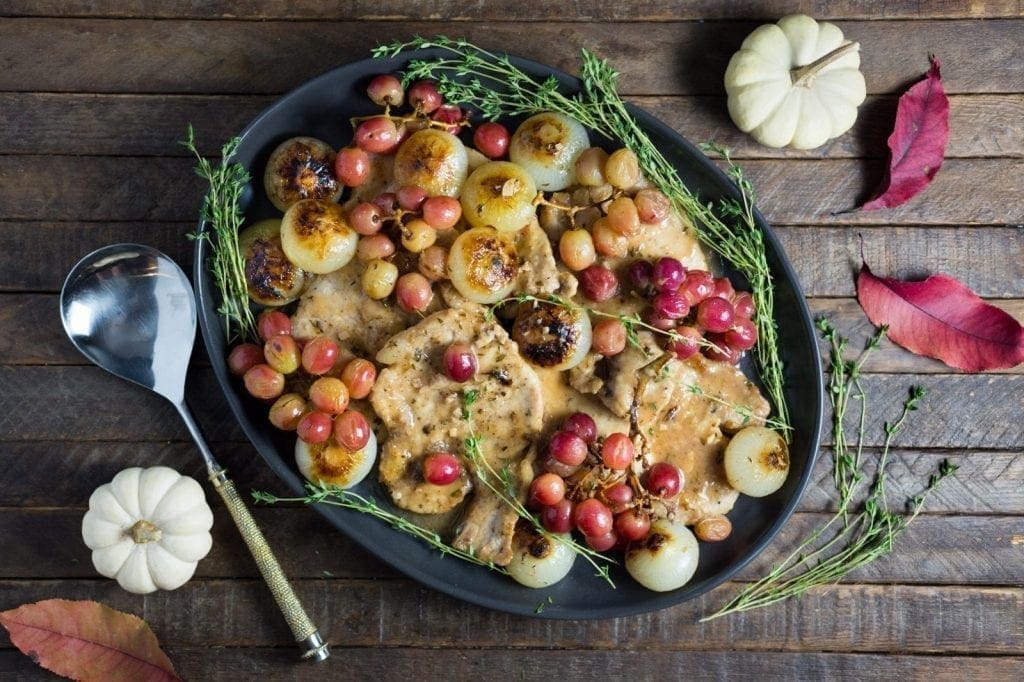 Smothered Thin-cut Pork Chops with Cippolini Onions and Grapes