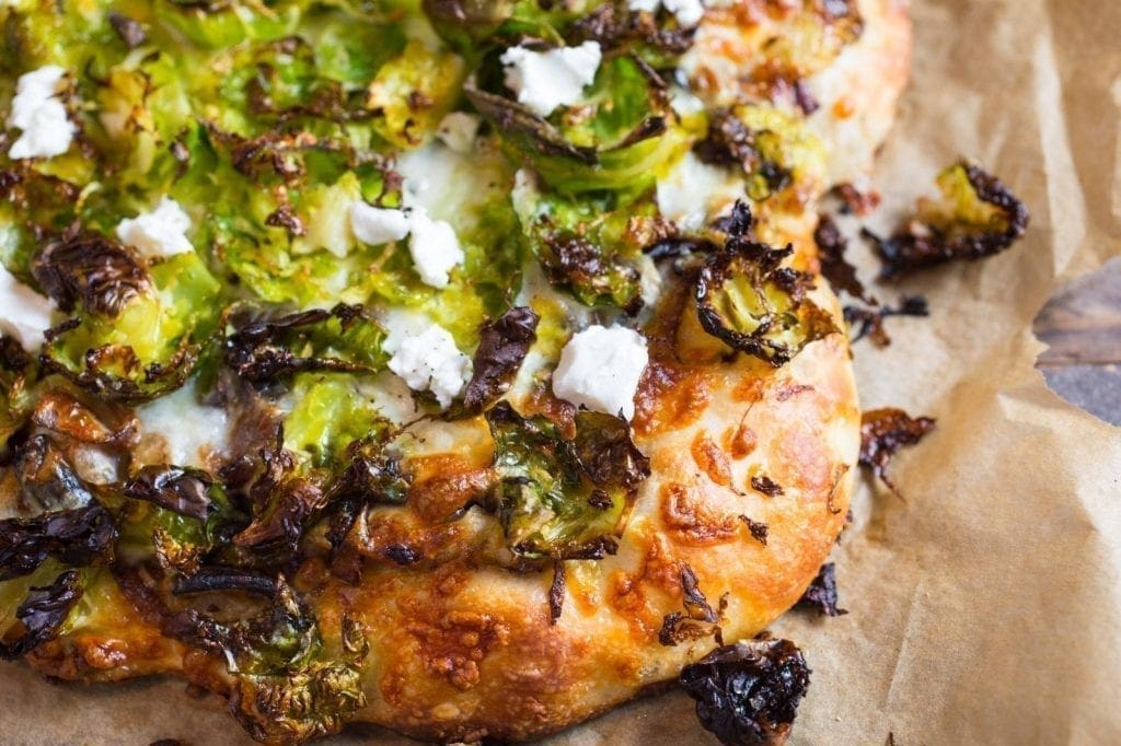 Brussels Sprout Pizza with Balsamic Caramelized Onions and Goat Cheese