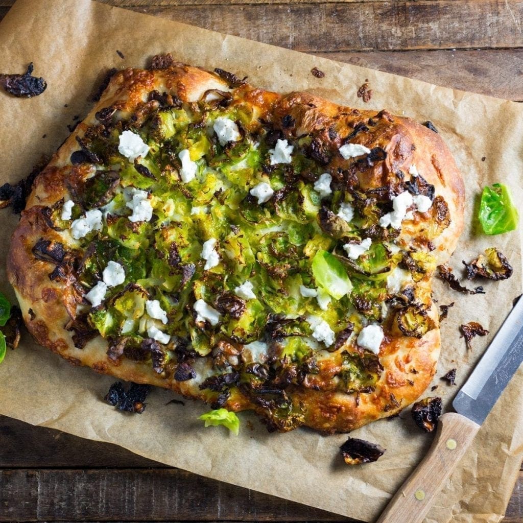 Brussels Sprout Pizza with Balsamic Caramelized Onions and Goat Cheese