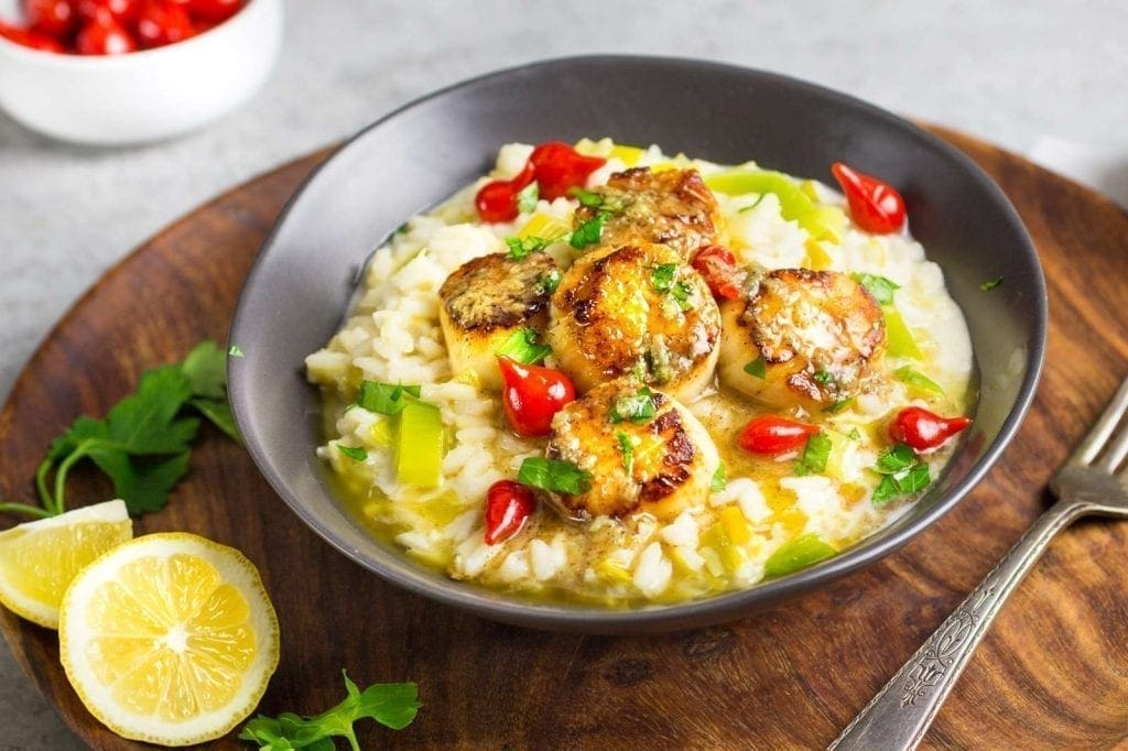 Seared Scallops with Leek Risotto and Lemon Brown Butter Sauce