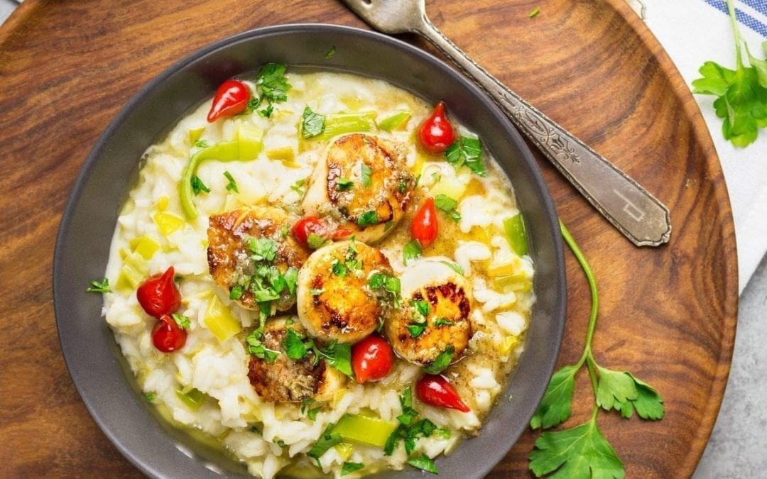 Seared Scallops with Leek Risotto and Lemon-Brown Butter Sauce