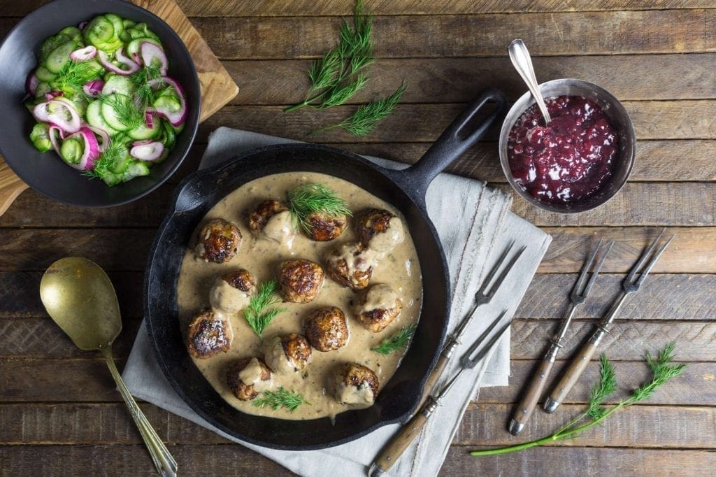 Swedish Meatballs with Cucumber and Red Onion Salad with Dill
