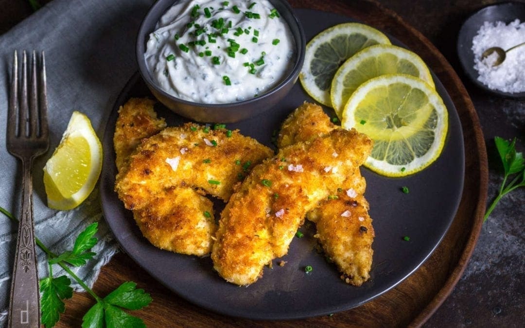 Crispy Oven-Fried Chicken Tenders with Garlic-Herb Yogurt Dip