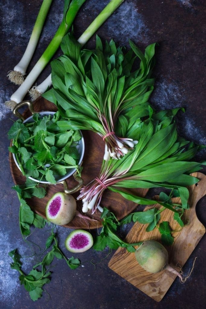 Ramps, watermelon radishes, young leeks and pea shoots