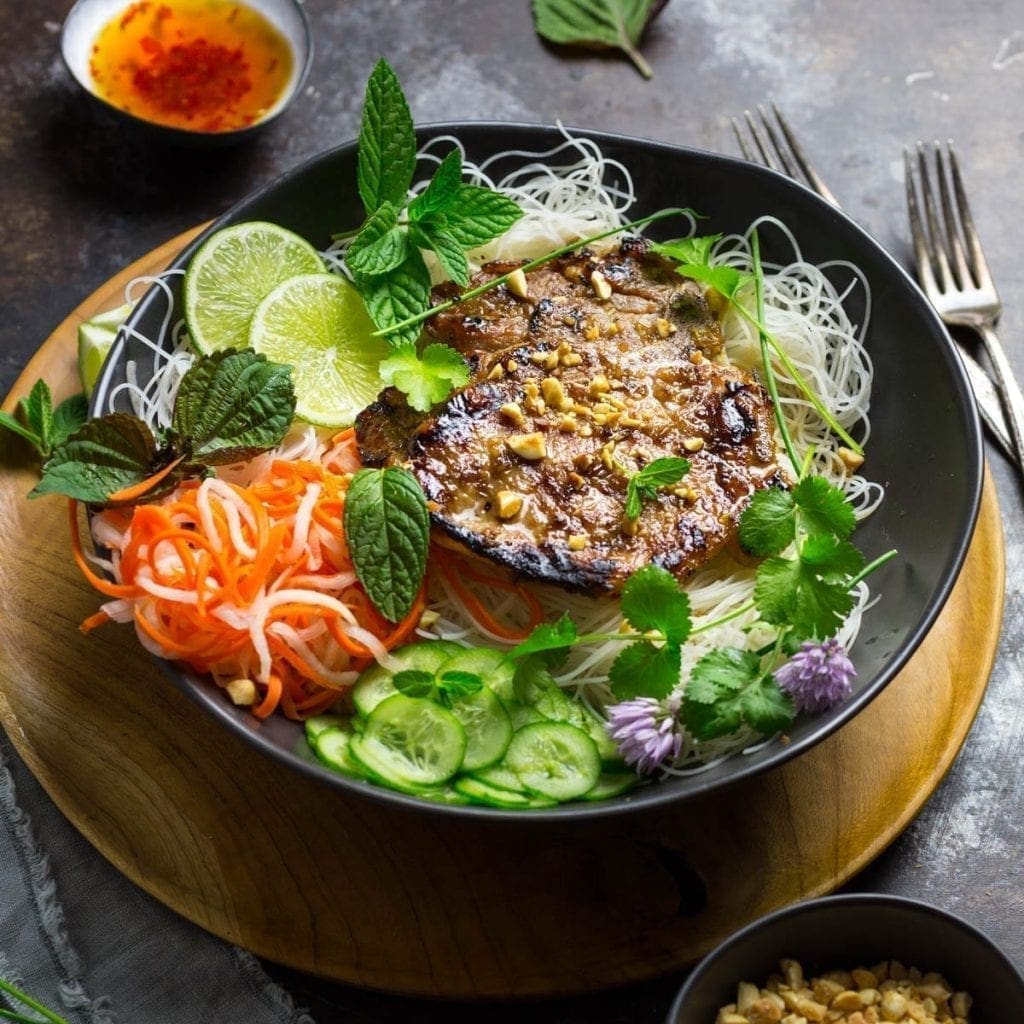 Vietnamese Grilled Pork Chops (Thit Heo Nuong Xa) with Cold Rice Noodles