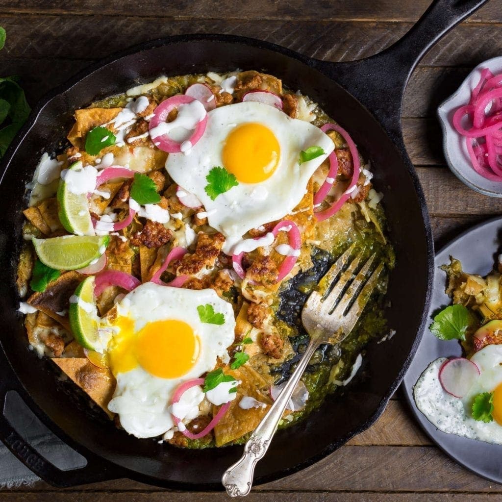 Extra Crispy Chilaquiles with Salsa Verde, Chorizo and Egg