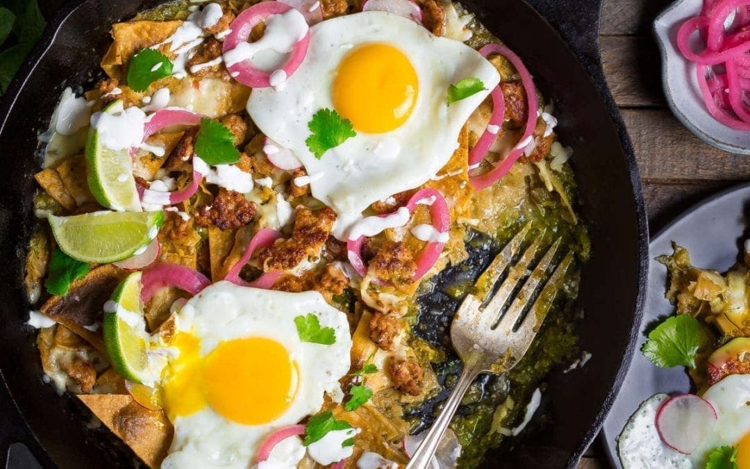 Extra Crispy Chilaquiles with Salsa Verde, Chorizo and Egg