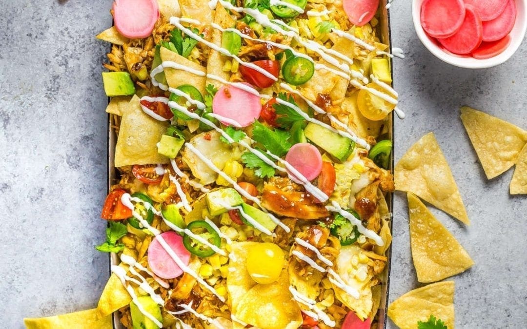 Loaded Summer Nachos with Grilled Corn and Bourbon BBQ Chicken