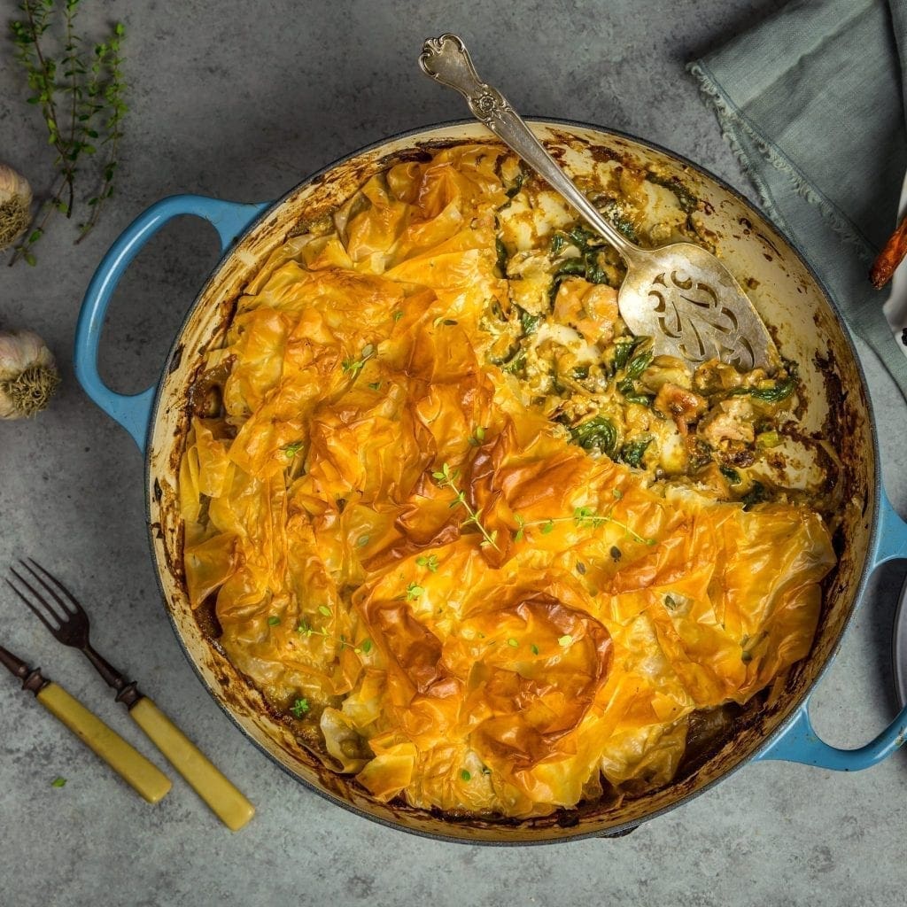 Phyllo Pot Pie with Creamy Chicken, Caramelized Onions and Swiss Chard
