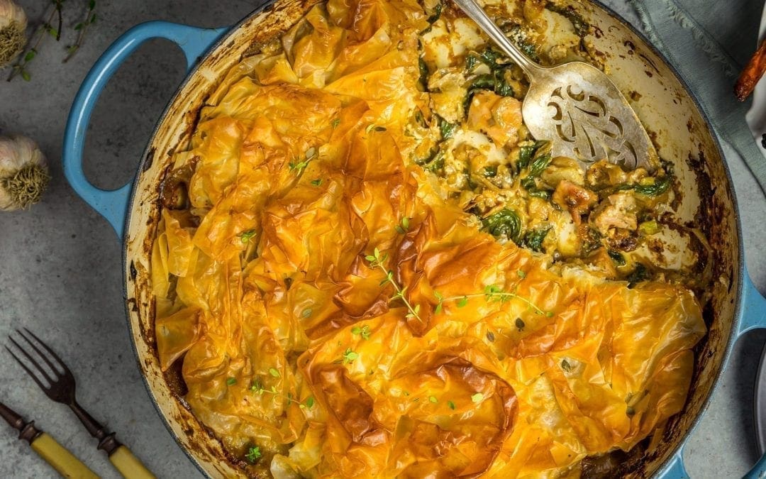 Phyllo Pot Pie with Creamy Chicken, Caramelized Onions and Swiss Chard