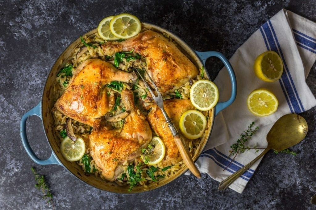 One Pan Crispy Chicken With Lemon Mushroom Orzo Nerds With Knives