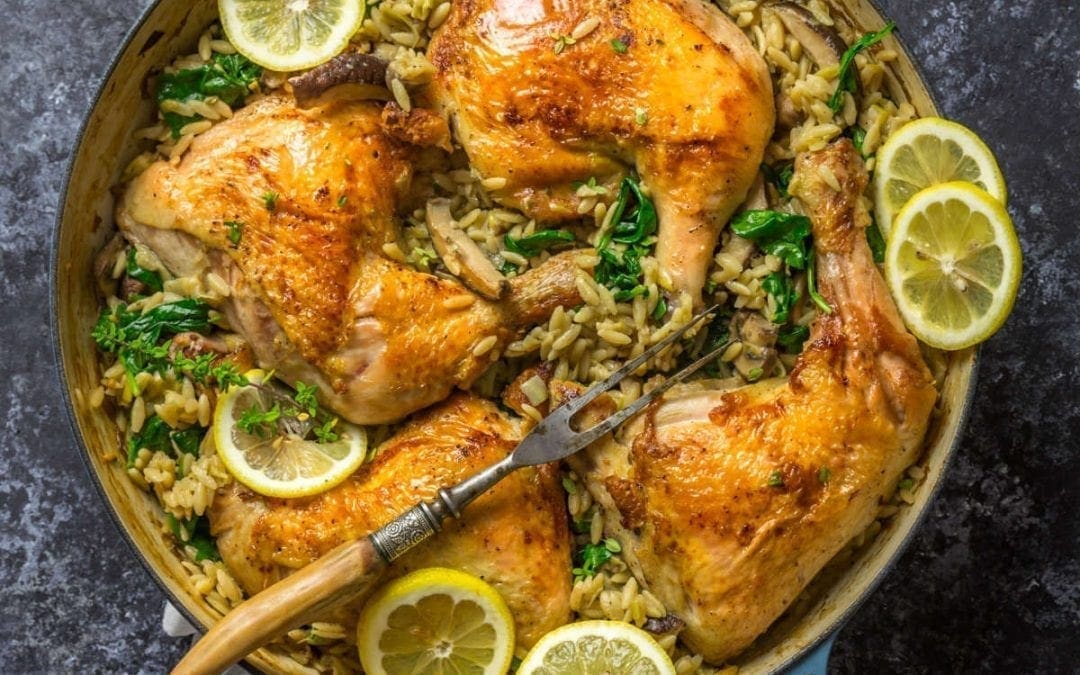 One-Pan Crispy Chicken with Buttery Lemony Mushroom Orzo