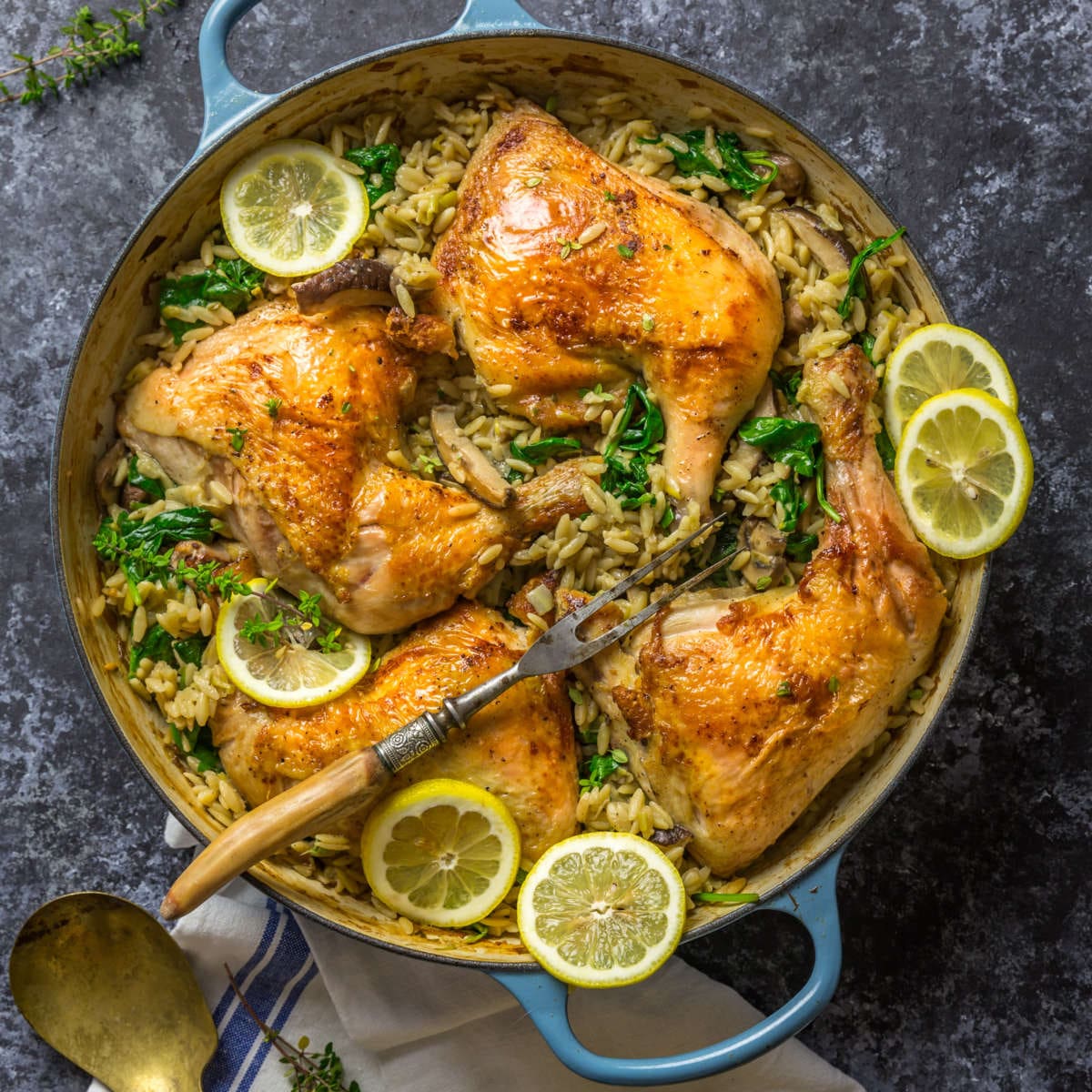 One-Pan Crispy Chicken with Lemon Mushroom Orzo - Nerds with Knives