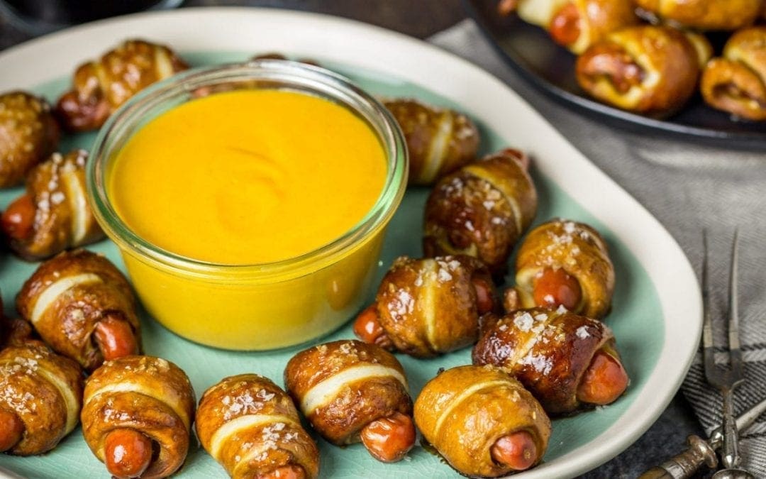 Pretzel Pigs in a Blanket with Cheddar-Stout Dip