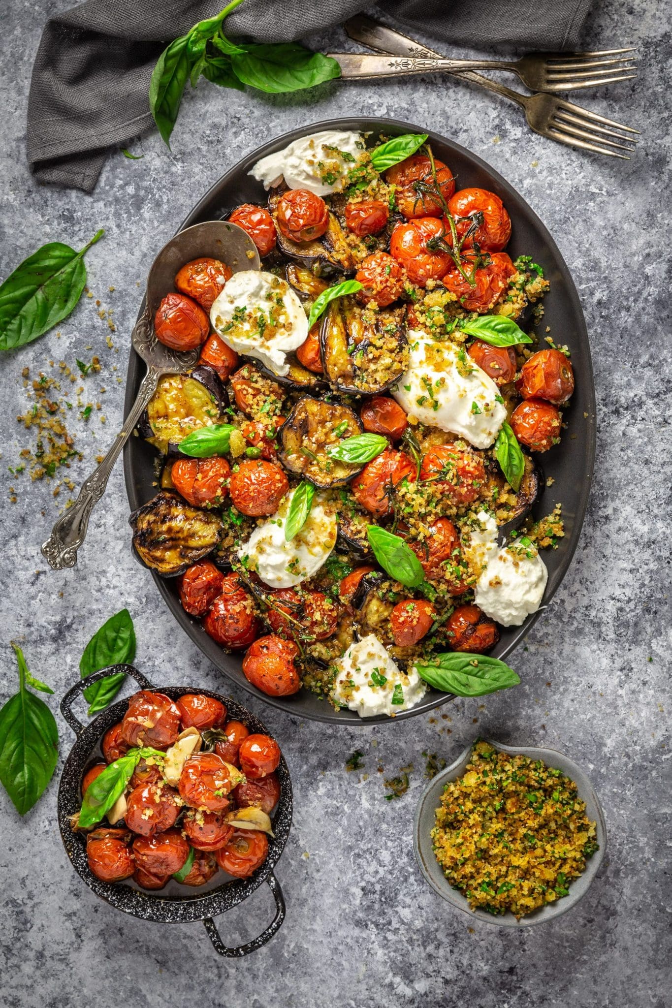 A Light, Grilled Eggplant Parmesan with Roasted Tomatoes and Burrata