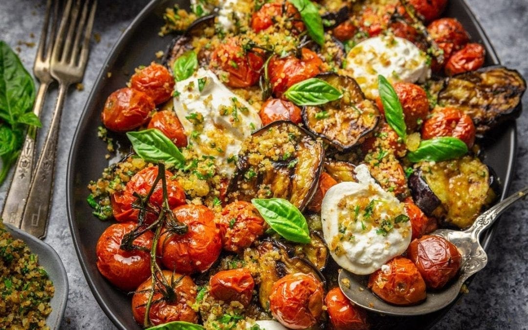 Grilled Eggplant Parmesan with Roasted Tomatoes, Burrata and Garlic Herb Breadcrumbs