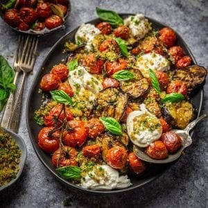 Grilled Eggplant, Roasted Tomatoes and Burrata Cheese with Garlic Herb Breadcrumbs-image