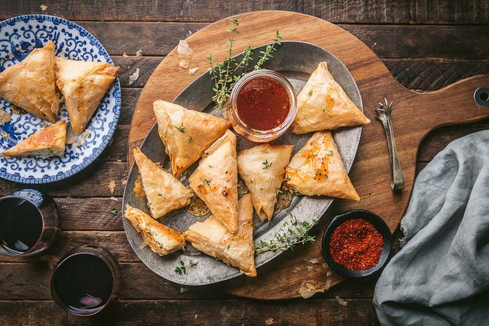 Goat Cheese-stuffed Phyllo Triangles With Hot Honey Drizzle