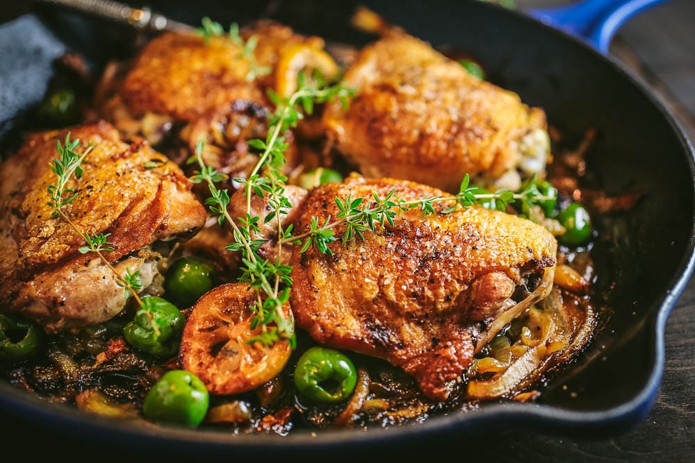 Braised Chicken Thighs with Lemon, Garlic and Olives