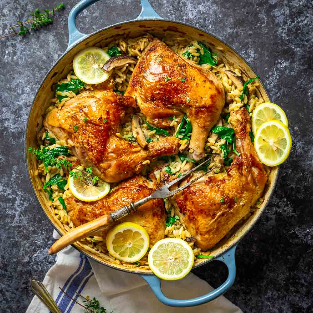 One-Skillet Crispy Chicken with Buttery Lemony Mushroom Orzo-image