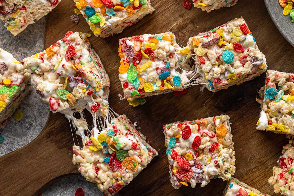 Close up of Rice Krispie and fruity pebble treats