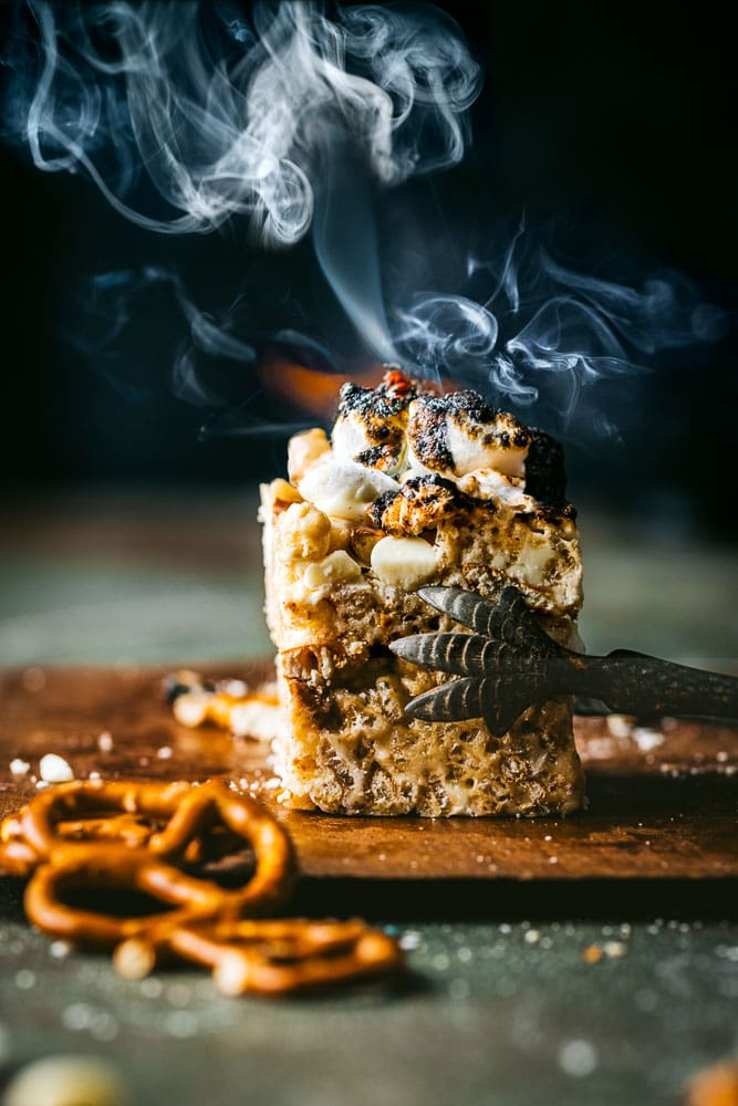 A freshly-toasted marshmallow topped Rice Krispie treat